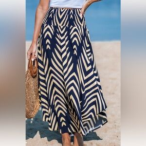 CUPSHE Navy Abstract Smocked Waist Midi Skirt Navy size XLARGE asymmetrical hem